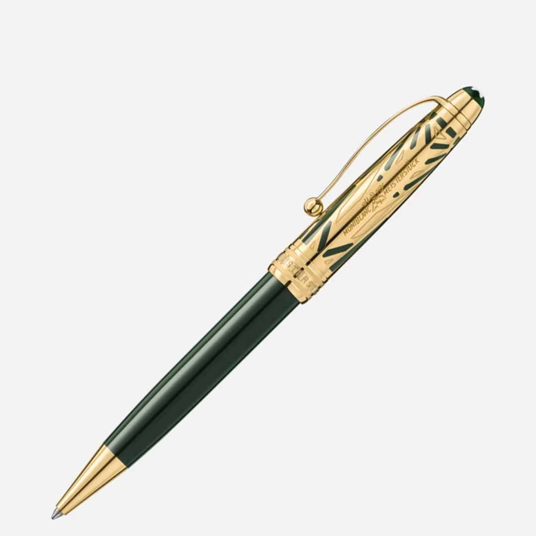 Introducing the Montblanc Meisterstuck The Origin Collection Doue Classique Ballpoint Pen, a luxurious writing instrument with a dark green body and gold accents, reminiscent of Art Déco design. It features intricate leaf engravings on the cap and a practical pocket clip, embodying the elegance associated with Montblanc's renowned craftsmanship.