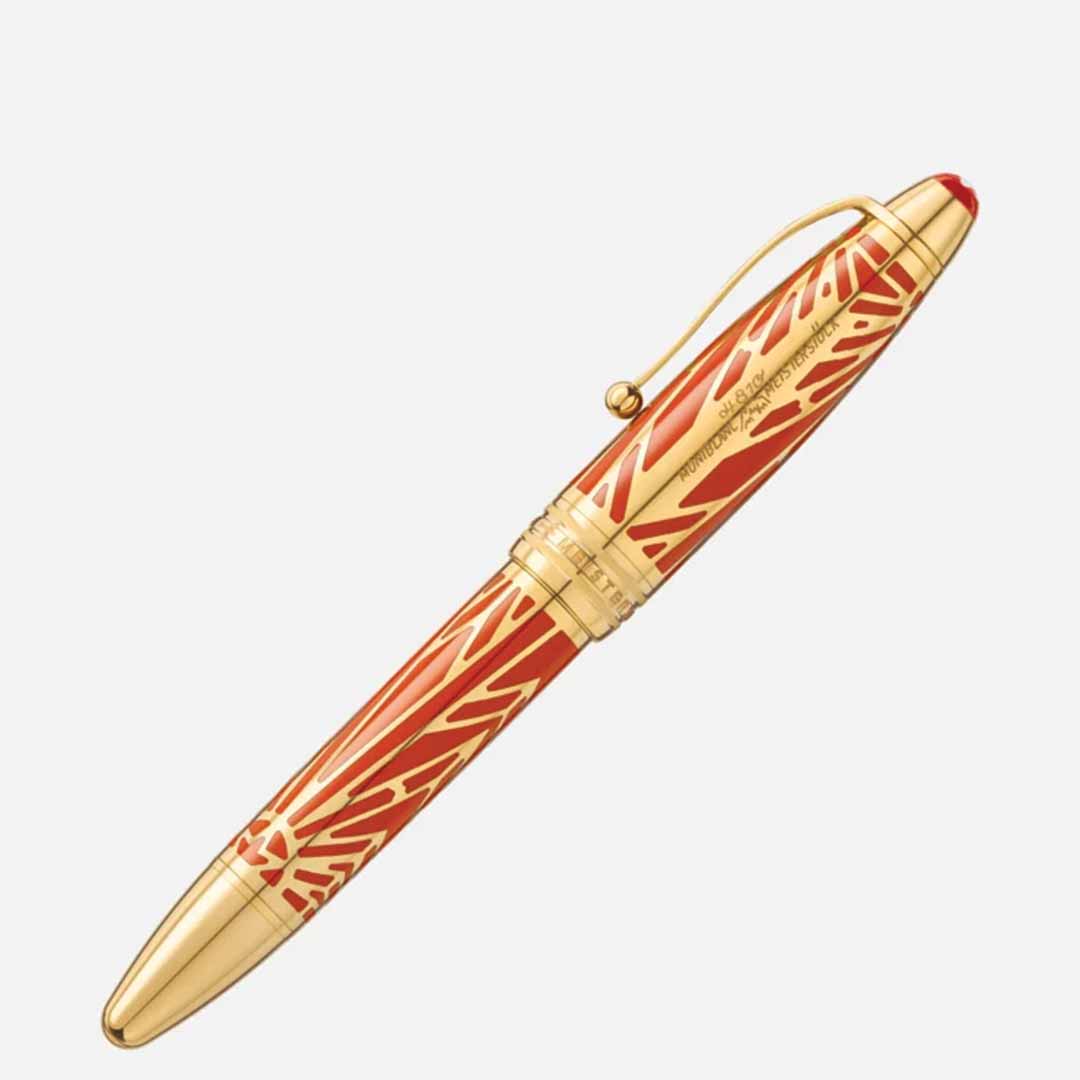 Introducing the Montblanc Meisterstück The Origin Collection Solitaire Legrand Rollerball Pen—a luxurious writing instrument featuring an ornate red and gold design. This exquisite piece showcases intricate patterns with gold accents on the clip and bands, elegantly set against a white background.