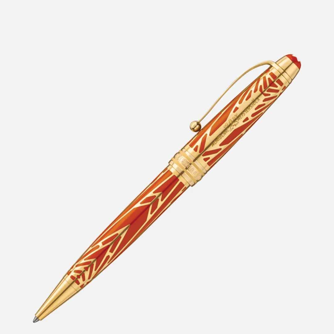 Indulge in the elegance of a fine writing instrument with the Montblanc Meisterstück The Origin Collection Solitaire Midsize Ballpoint Pen. This luxurious pen boasts a golden clip and intricate red and gold patterns on the barrel and cap, reminiscent of Montblanc's renowned Meisterstück collection, elegantly presented against a plain white background.