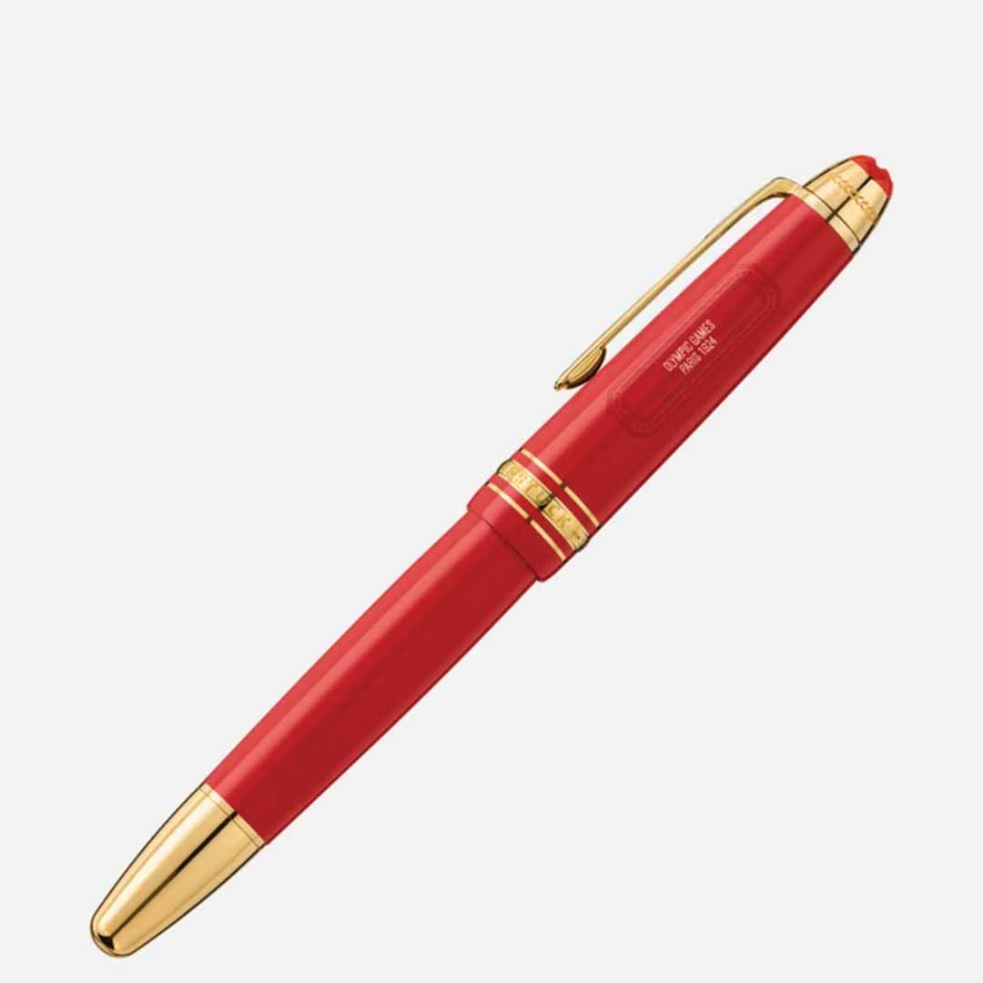 The Montblanc Meisterstück X Olympic Heritage Paris 1924 Le Grand Fountain Pen, featuring handcrafted gold nib accents on the clip and nib, is showcased against a plain white background.