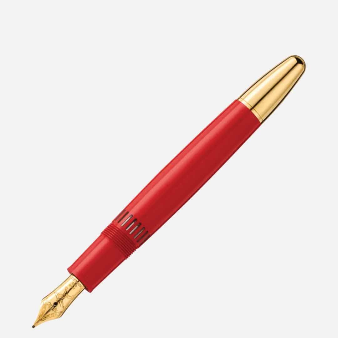 The Montblanc Meisterstück X Olympic Heritage Paris 1924 Le Grand Fountain Pen is a red fountain pen that celebrates the Meisterstück centenary. It features a shiny gold cap and nib, with a smooth, glossy body that contrasts elegantly with the metallic gold details. This design is reminiscent of the timeless elegance showcased at events like the Olympic Games Paris 1924.