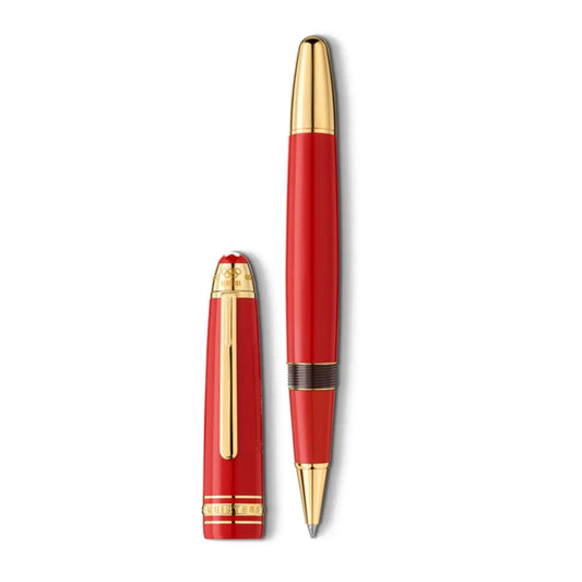 A stylish red and gold Montblanc Meisterstück x Olympic Heritage Paris 1924 LeGrand Rollerball, featuring its cap placed beside it, showcased against a white background.