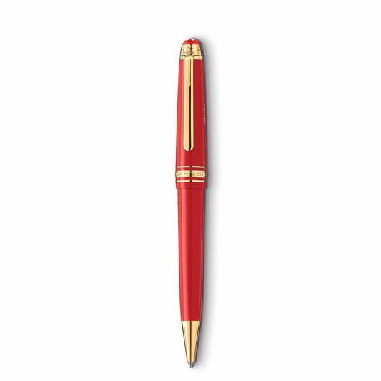 The Montblanc Meisterstuck X Olympic Heritage Paris 1924 Midsize Ballpoint Pen is a luxurious red ballpoint pen adorned with gold accents. Its sleek and glossy design is inspired by the Paris Olympic Games of 1924. The pen features a cap, clip, and intricate detailing near the top.