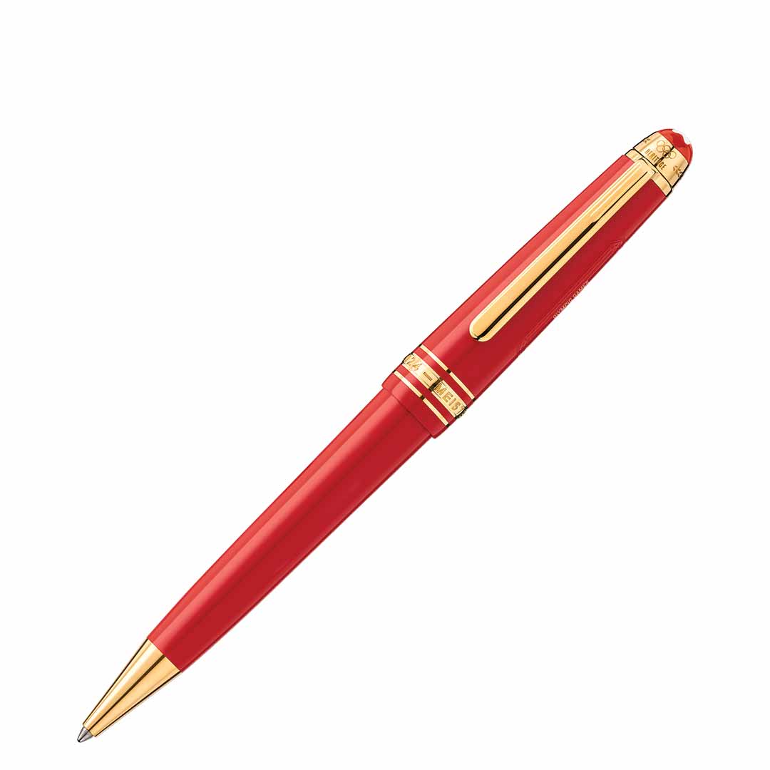 A Montblanc Meisterstuck X Olympic Heritage Paris 1924 Midsize Ballpoint Pen, featuring red with gold accents, captures the essence of the Meisterstück centenary design with its smooth and sleek silhouette against a white background.