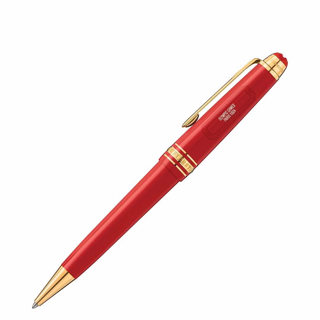 This Montblanc Meisterstück X Olympic Heritage Paris 1924 Midsize Ballpoint Pen, celebrating the Meisterstück centenary, boasts a sleek red and gold design. It features engraved text near the clip and intricate detailing on the cap and body, offering a classic, elegant look reminiscent of the Olympic Games Paris 1924 era.