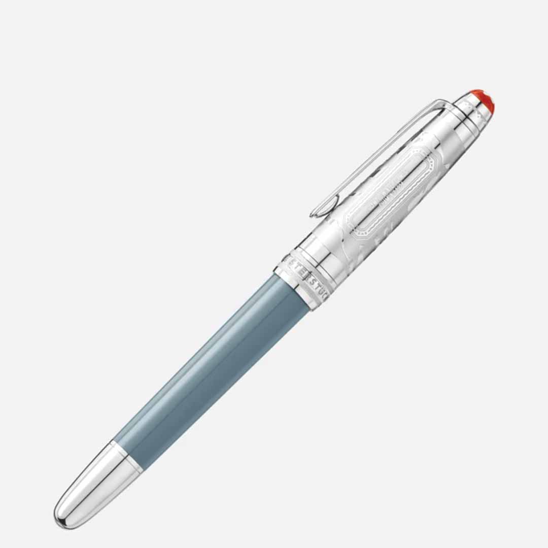 This elegant Montblanc Meisterstück X Olympic Heritage Chamonix 1924 Doue Classique Rollerball Pen features a light blue barrel and a silver cap. The cap is intricately detailed and adorned with a red jewel-like accent, reflecting the sophistication of the Meisterstück centenary collection against a plain white background.