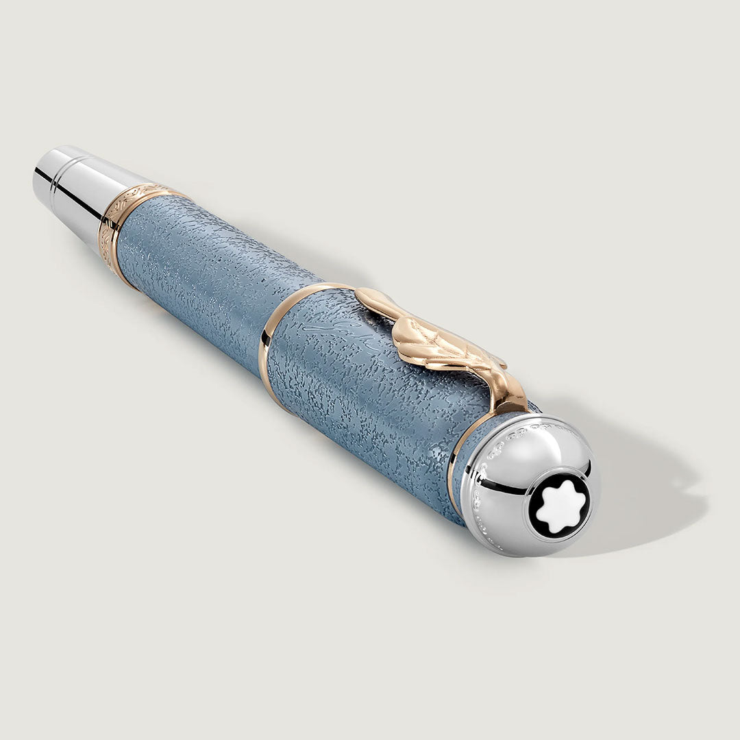 The Montblanc Writers Edition Homage to Johann Wolfgang von Goethe Limited Edition Fountain Pen features a blue textured barrel, gold accents, silver tip, and iconic white star logo—symbolizing refined German elegance and Goethe’s literary legacy.