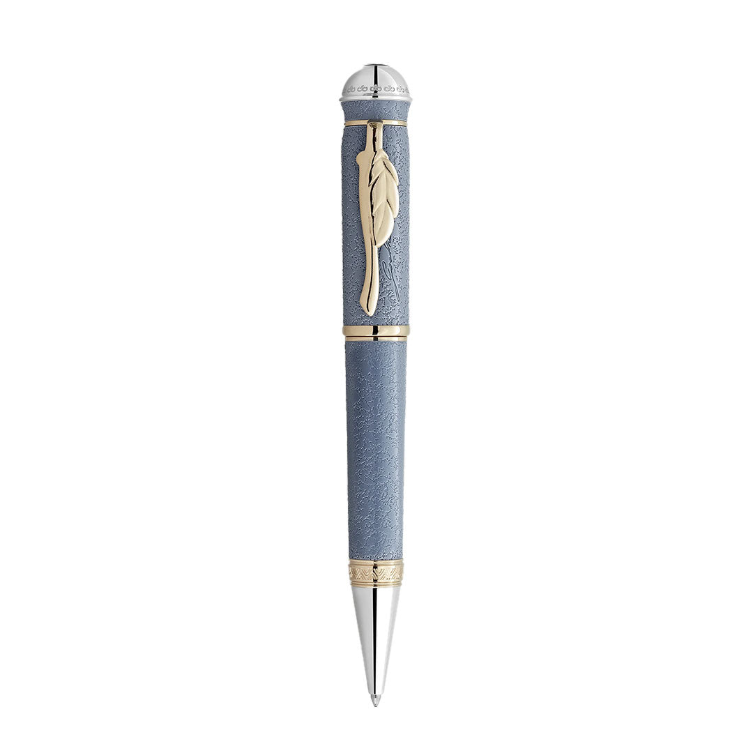 The Montblanc Writers Edition Homage to Johann Wolfgang von Goethe Limited Edition Ballpoint Pen features a luxurious blue textured barrel, gold accents, a gold feather clip, and silver tip and top—an elegant tribute to German literature.
