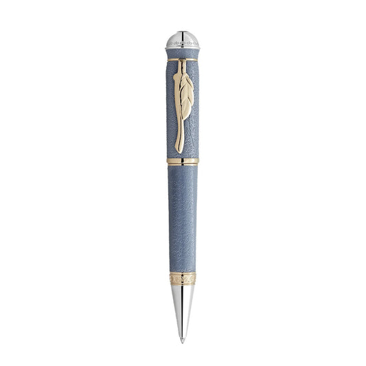 The Montblanc Writers Edition Homage to Johann Wolfgang von Goethe Limited Edition Ballpoint Pen features a luxurious blue textured barrel, gold accents, a gold feather clip, and silver tip and top—an elegant tribute to German literature.