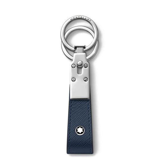 Introducing the Montblanc Blue Sartorial Loop Key Fob—a stylish accessory from Montblanc that showcases dual silver rings connected to a textured ink blue leather strap, highlighted by the emblematic Montblanc star at its base.