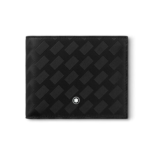 The Montblanc Meisterstück Extreme 3.0 Black Leather Wallet features a textured square pattern alongside a small circular emblem in the lower center, effortlessly embodying elegance with a hint of ruggedness.