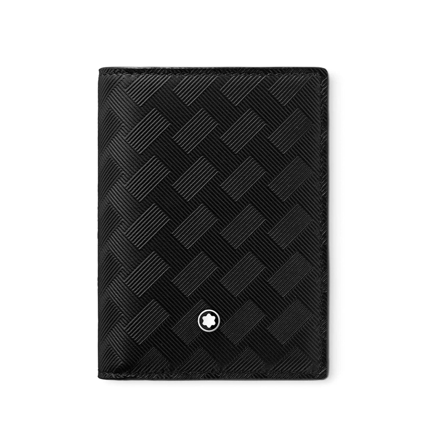 The Montblanc Extreme 3.0 Black Leather Card Holder features a textured geometric pattern and a small round emblem at the bottom center, providing an elegant blend of style and functionality as a sophisticated wallet.
