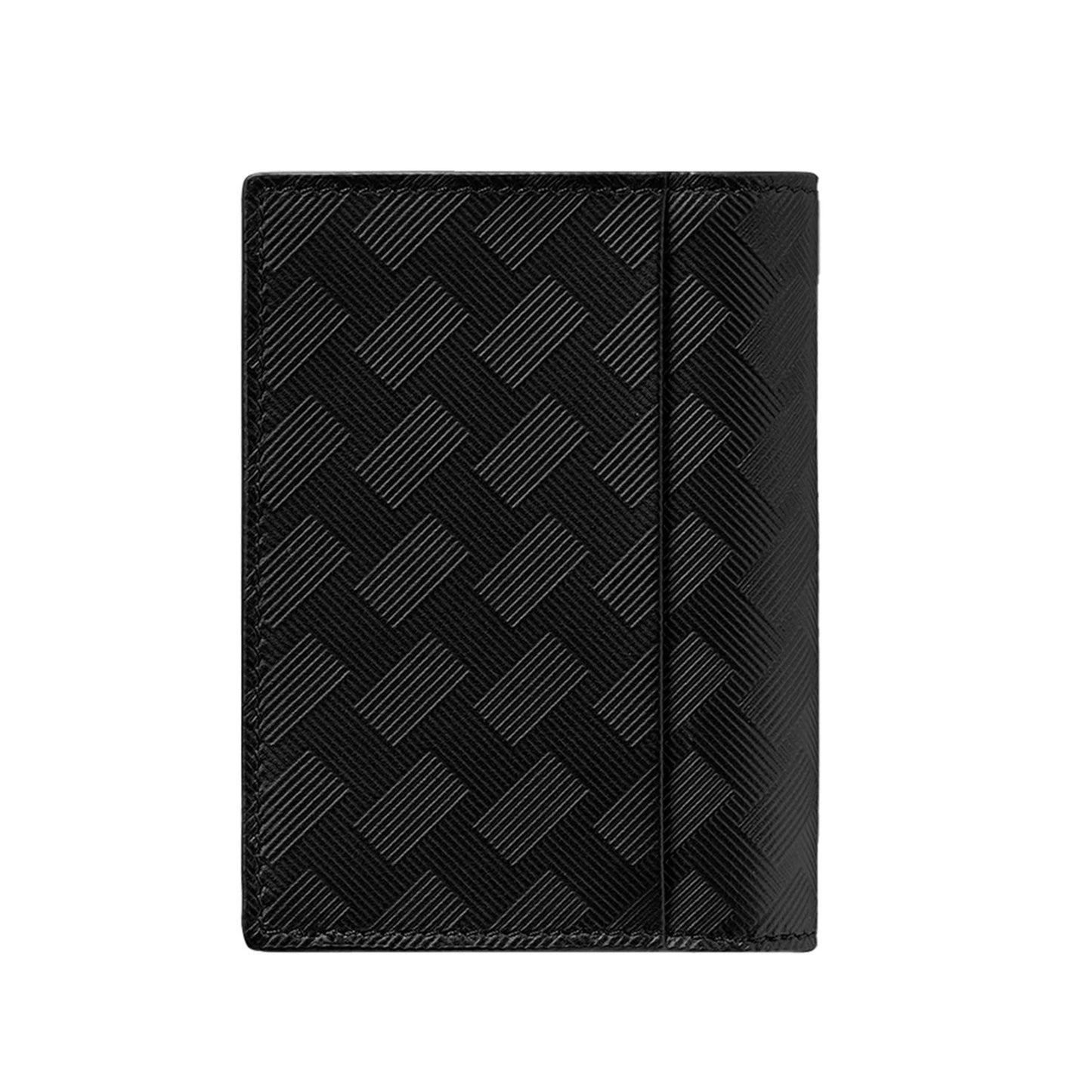 The Montblanc Extreme 3.0 Black Leather Card Holder by Montblanc is made from black leather, showcasing a textured geometric design with interlocking rectangles.
