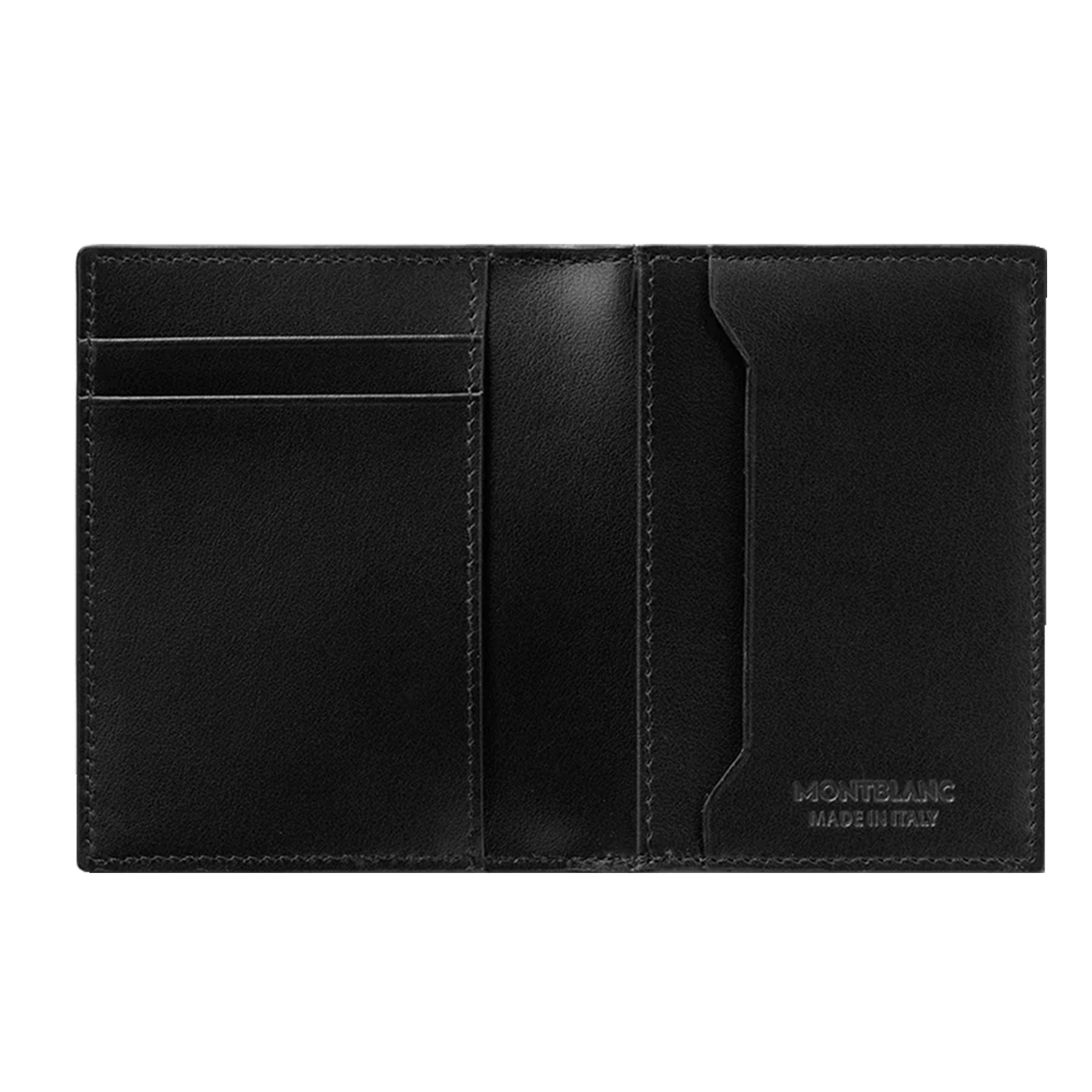 A Montblanc Extreme 3.0 Black Leather Card Holder features multiple slots and compartments, elegantly embossed with "Montblanc" and "Made in Italy" in the bottom right corner.