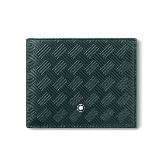 The Montblanc Extreme 3.0 British Racing Green Leather Wallet 6CC boasts a luxurious British green leather with a textured woven pattern and features a small star emblem at its center.