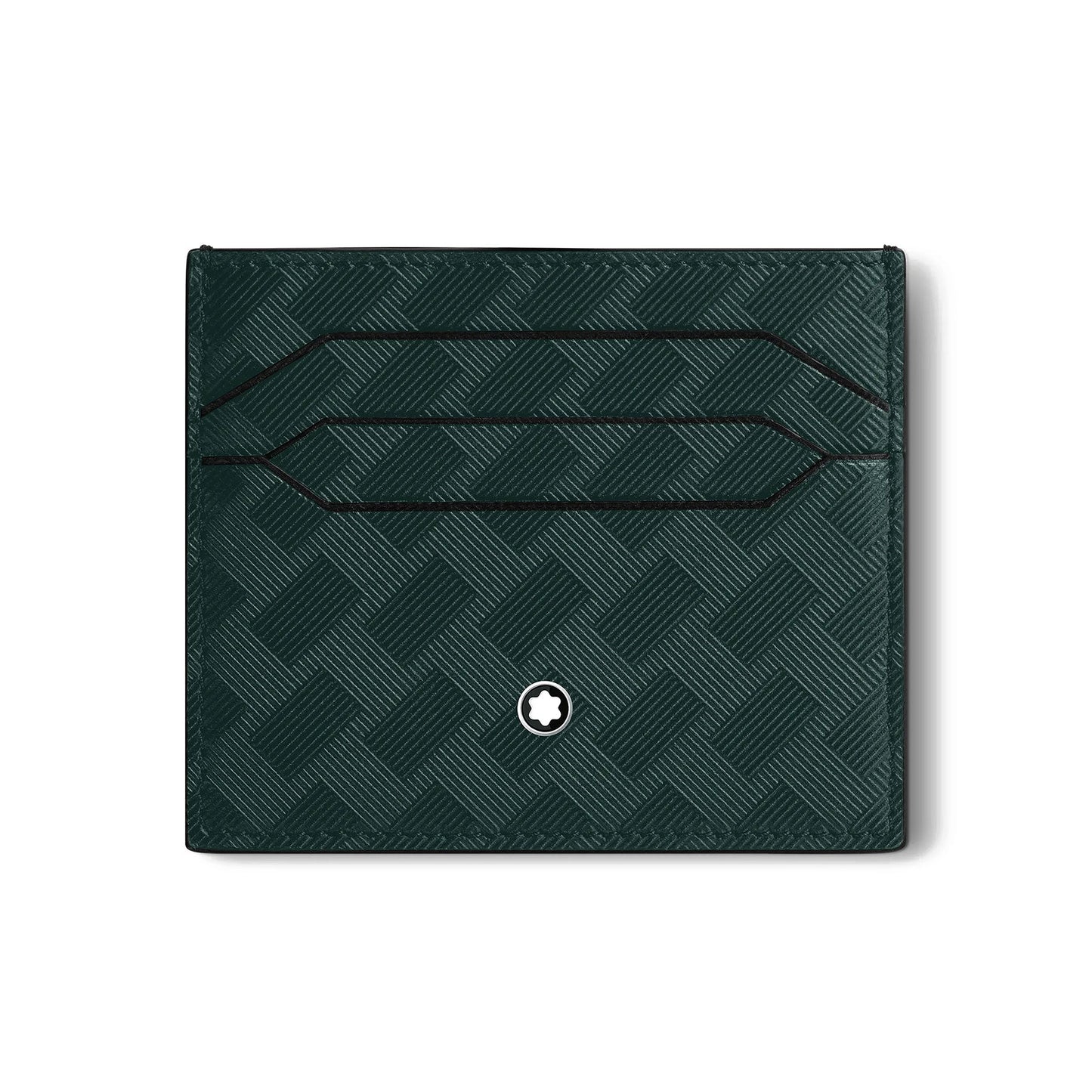 The Montblanc Extreme 3.0 Leather Card Holder 6cc, from the British luxury brand Montblanc, is designed with dark, full-grain bovine leather featuring a textured geometric pattern and a small circular logo centered stylishly on a white background.