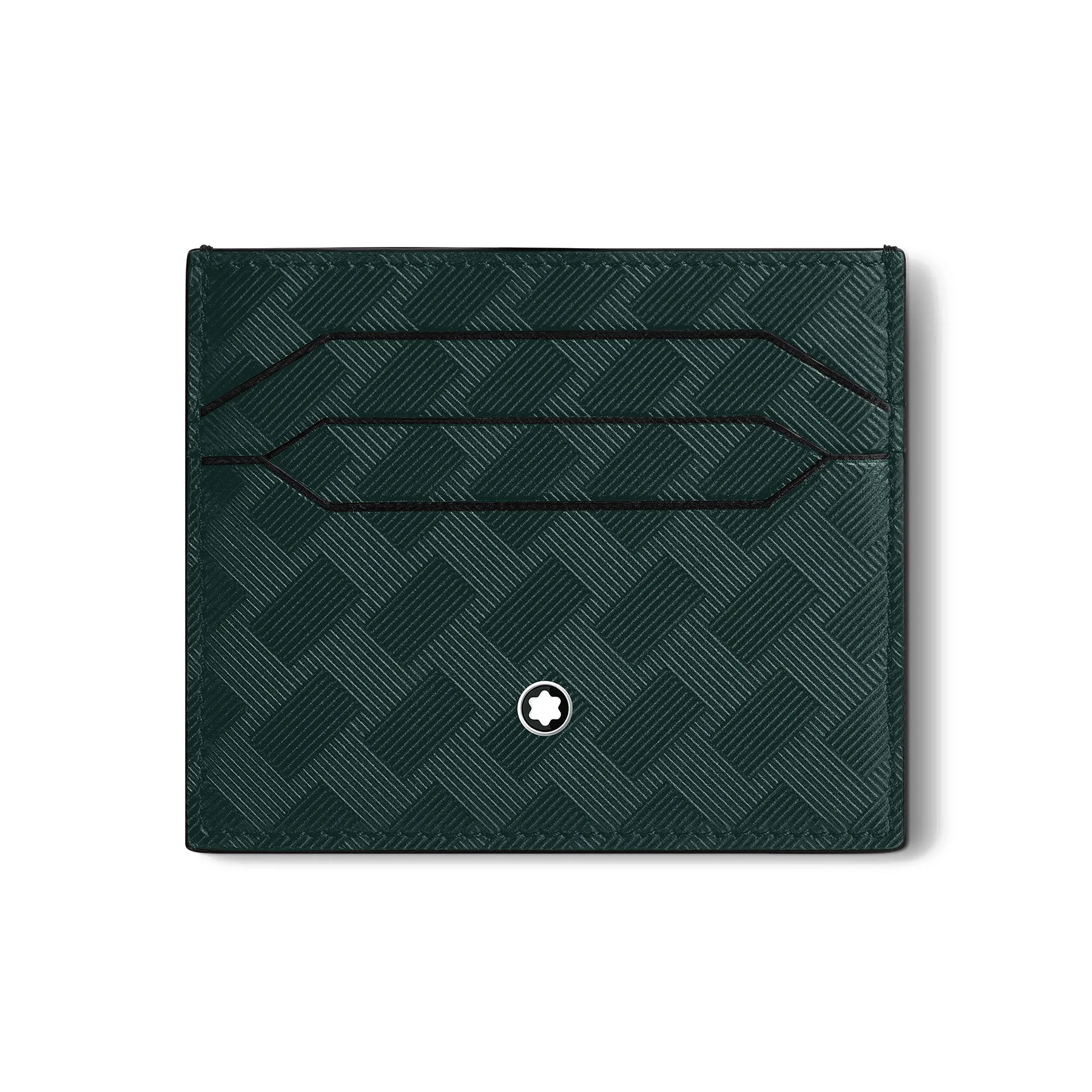 The Montblanc Extreme 3.0 Leather Card Holder 6cc, from the British luxury brand Montblanc, is designed with dark, full-grain bovine leather featuring a textured geometric pattern and a small circular logo centered stylishly on a white background.