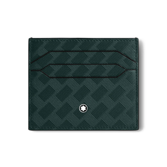 The Montblanc Extreme 3.0 Leather Card Holder 6cc, from the British luxury brand Montblanc, is designed with dark, full-grain bovine leather featuring a textured geometric pattern and a small circular logo centered stylishly on a white background.