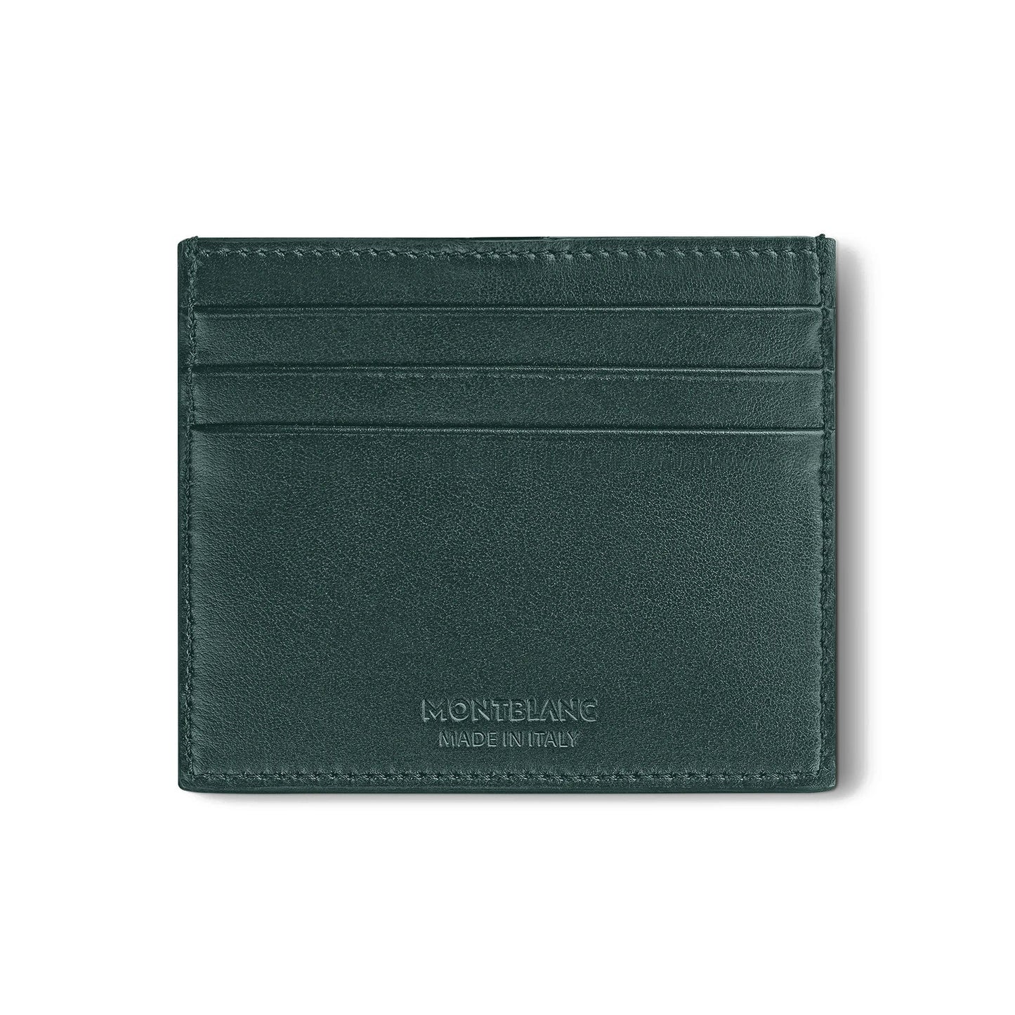 The Montblanc Extreme 3.0 Leather Card Holder 6cc, crafted from rich full-grain leather, features three slots for your essential cards and is elegantly embossed with "Montblanc Made in Italy" near the bottom.