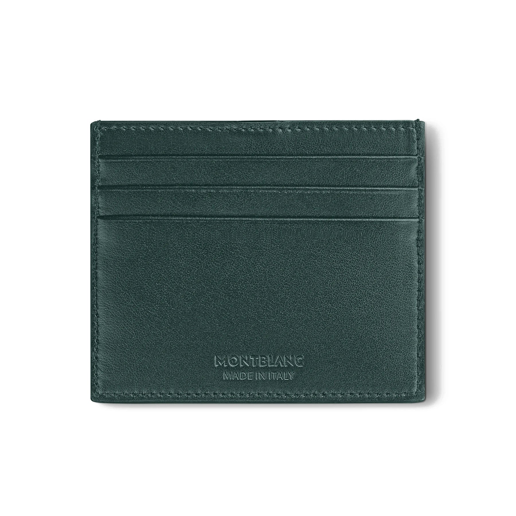 The Montblanc Extreme 3.0 Leather Card Holder 6cc, crafted from rich full-grain leather, features three slots for your essential cards and is elegantly embossed with "Montblanc Made in Italy" near the bottom.