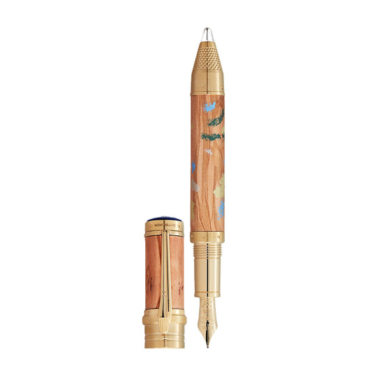 The Montblanc Masters of Art Homage to Pierre-Auguste Renoir Limited Edition 4810 Fountain Pen features a gold nib and cap, with a patterned wooden barrel reflecting Impressionist art. The cap is shown beside the pen to highlight its elegant design.
