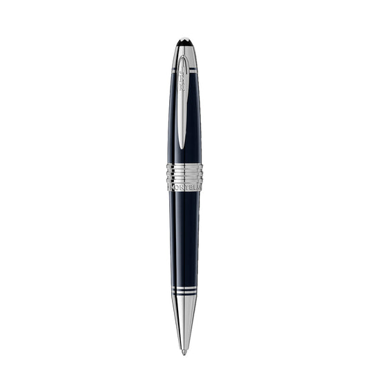 The Montblanc John F. Kennedy Special Edition Ballpoint Pen features a glossy black and silver design with a ribbed grip, chrome tip, and cap with a silver clip displaying the Montblanc emblem. Engraved branding highlights both the clip and body.