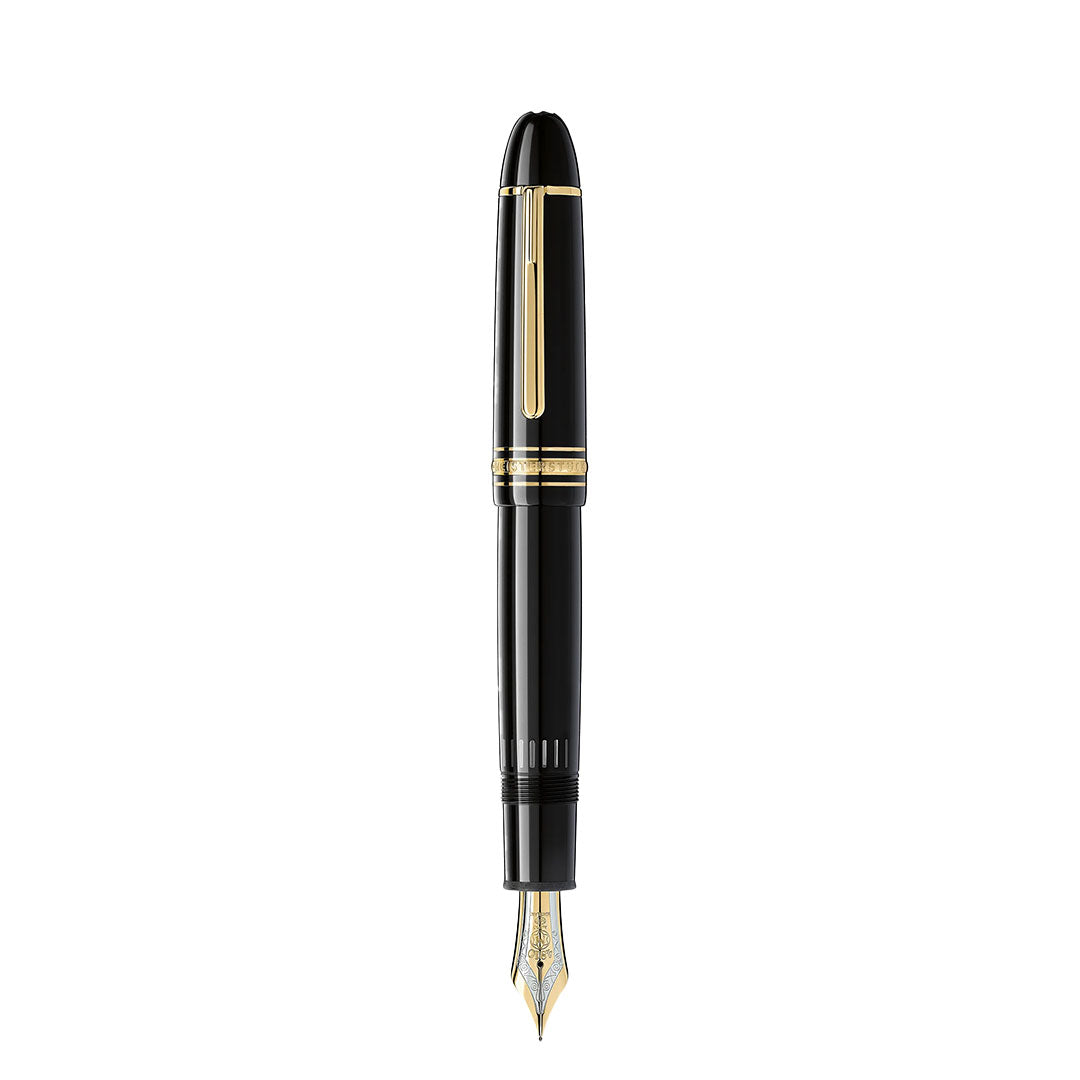 The Montblanc Meisterstuck Yellow Gold Coated 149 Fountain Pen stands vertically with its cap on and nib down, displayed against a white background.