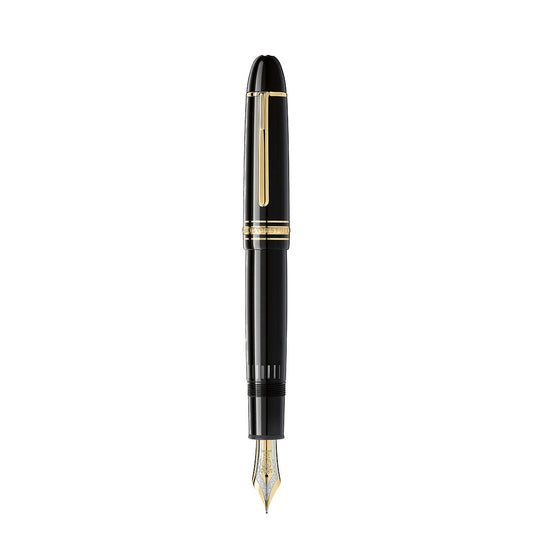 The Montblanc Meisterstuck Yellow Gold Coated 149 Fountain Pen stands vertically with its cap on and nib down, displayed against a white background.