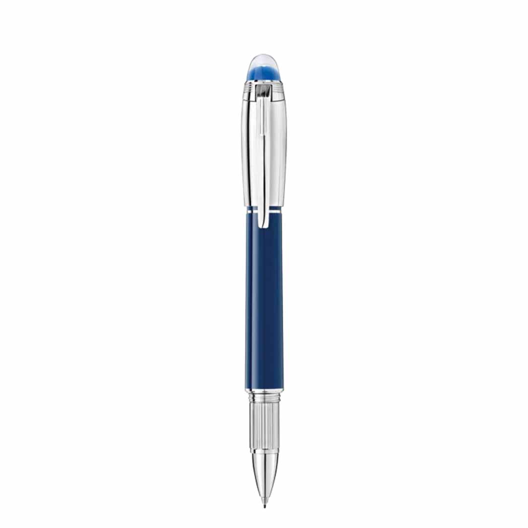 A Montblanc Starwalker Blue Planet Doue Fineliner Pen, featuring a sleek design with a platinum-coated clip and tip, along with transparent accents near the top.