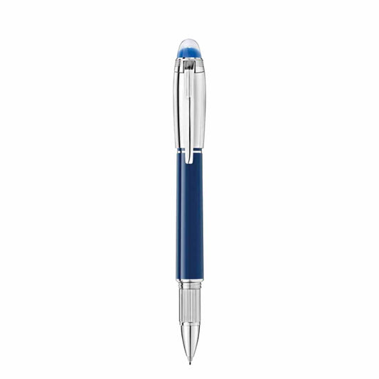 A Montblanc Starwalker Blue Planet Doue Fineliner Pen, featuring a sleek design with a platinum-coated clip and tip, along with transparent accents near the top.