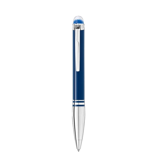 A sleek Montblanc Starwalker Blue Planet Doué Ballpoint Pen, featuring a metallic blue body with a silver clip and tip, stands vertically against a plain white background, embodying the space exploration inspiration of the series.