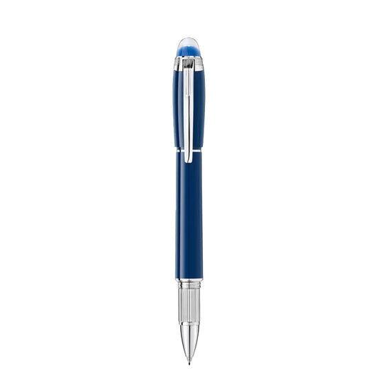 A refined Montblanc Starwalker Blue Planet Precious Resin Fineliner Pen, featuring blue precious resin with a silver clip and tip, stands upright on a white background, capturing the essence of the collection's tribute to space exploration.