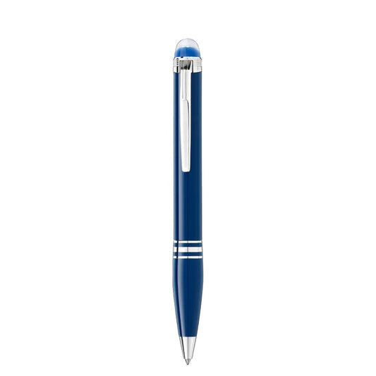 A sophisticated Montblanc StarWalker Blue Planet Precious Resin Ballpoint Pen, featuring a silver clip and two silver rings near the top, is crafted from precious resin with a glossy finish. It captures the elegance of space exploration and is beautifully photographed against a plain white background.