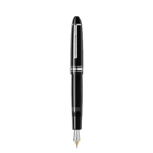 A Montblanc Meistersuck Platinum Coated Legrand Fountain Pen is displayed vertically on a white background, featuring elegant platinum accents and the Montblanc brand’s signature luxury design.