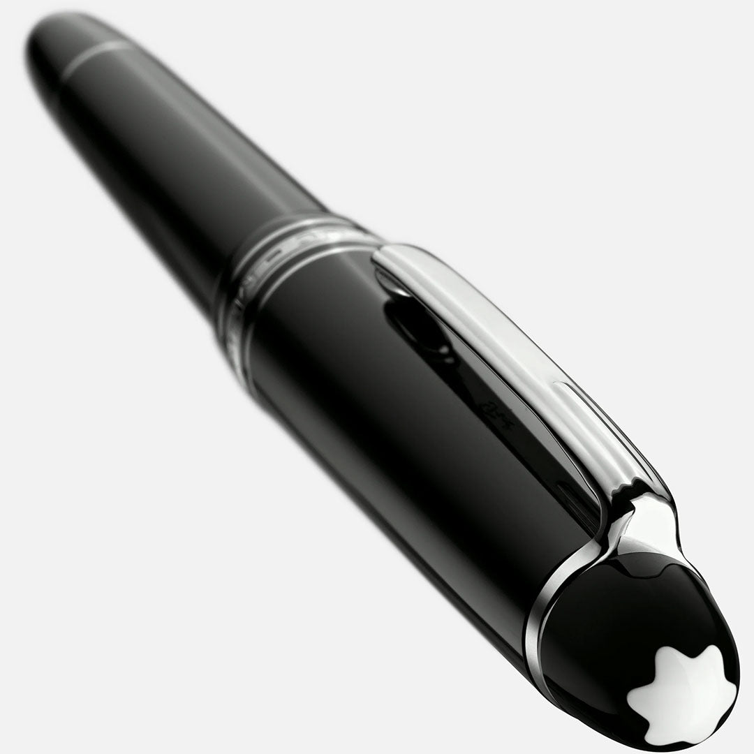 A close-up of the Montblanc Meisterstück Platinum-Coated LeGrand Fountain Pen, featuring sleek black design with platinum accents and a white star emblem on the cap, against a plain light background.
