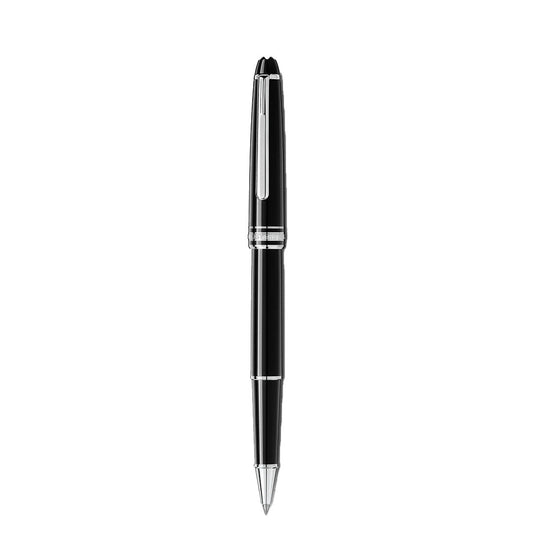 The Montblanc Meisterstück Platinum Coated Rollerball Pen features elegant platinum accents and a clip, shown vertically on a white background—ideal for personalized engraving.