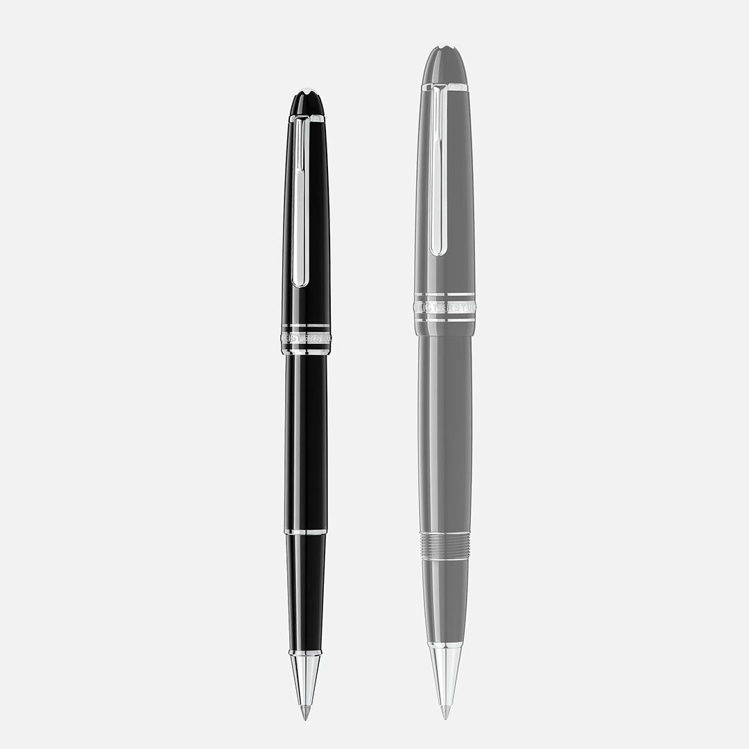 Two Montblanc Meisterstück Platinum Coated Rollerball Pens rest side by side on a white background; the pen on the left is solid, while the one on the right appears semi-transparent or faded.