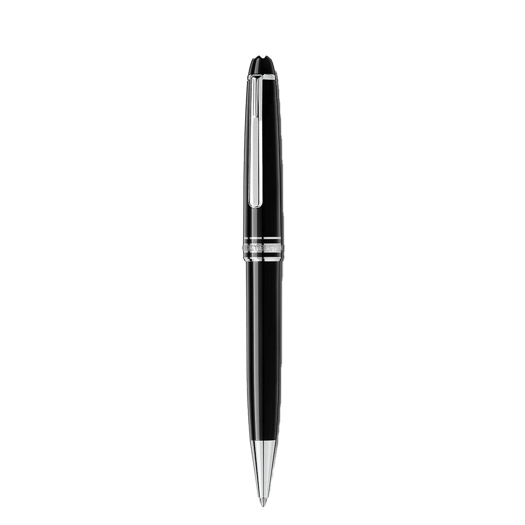 The Montblanc Meisterstuck Platinum Coated Ballpoint Pen, featuring a black body with platinum-coated clip and accents, is displayed vertically on a plain white background. Perfect for engraving, this luxury item elevates any writing experience.