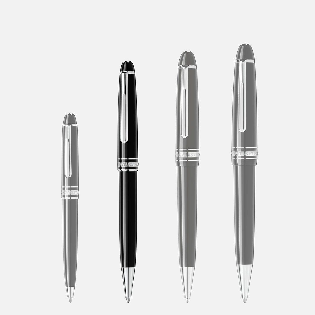 The Montblanc Meisterstuck Platinum Coated Ballpoint Pen is displayed four times in a row, each image growing larger and increasingly transparent from left to right, all set against a plain white background.