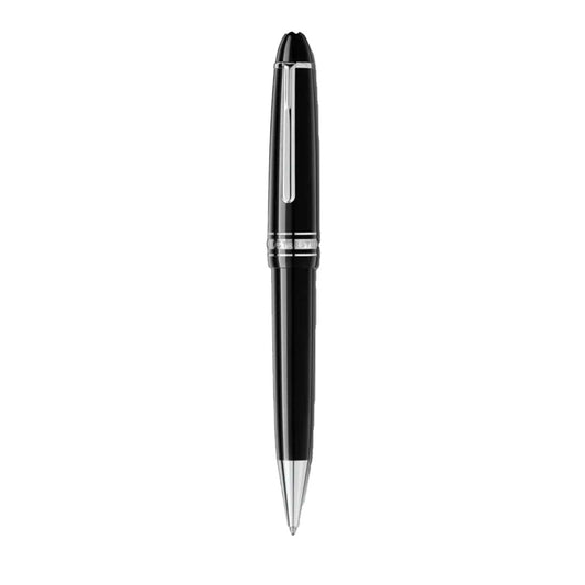 The Montblanc Meisterstuck Platinum Coated Legrand Ballpoint Pen features platinum-coated accents, a top clip, and a shiny metallic tip. It is shown standing vertically against a plain white background.