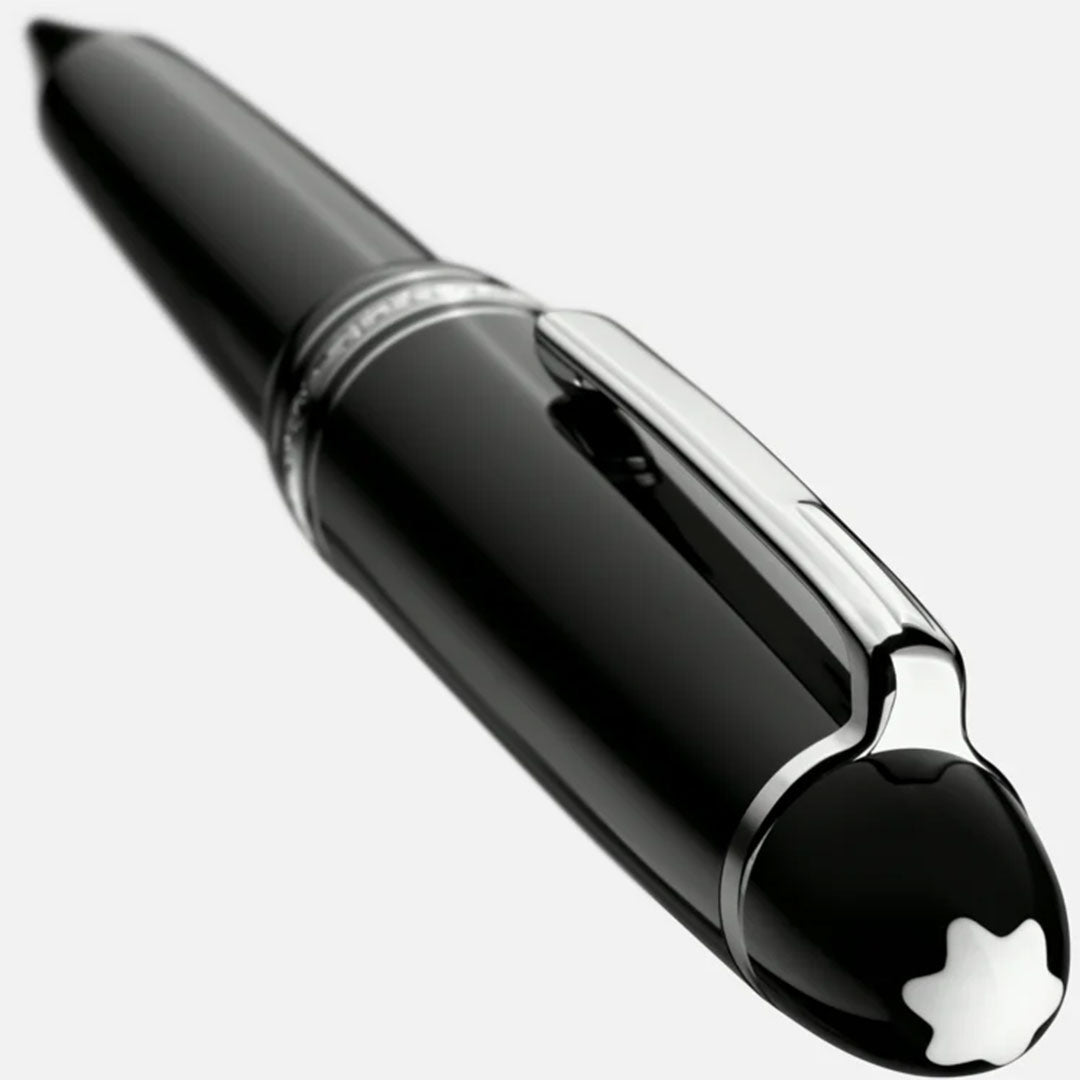 A close-up of the Montblanc Meisterstuck Platinum Coated Legrand Ballpoint Pen, showcasing its glossy black finish, platinum-coated accents, and iconic emblem on the cap—a stylish choice for engraving or pairing with other Montblanc writing instruments.