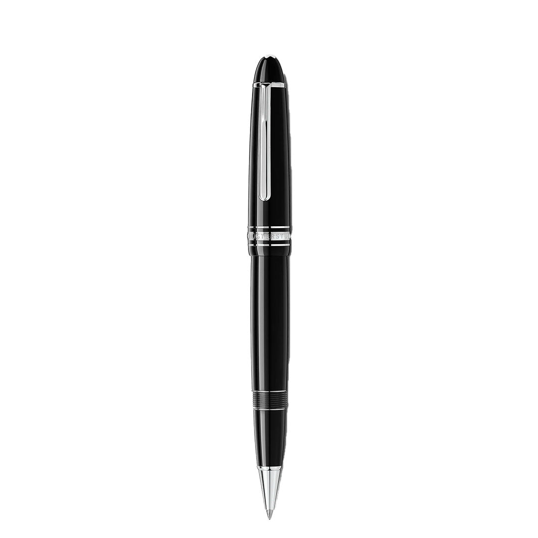 A Montblanc Meisterstuck Platinum Coated Legrand Rollerball Pen by Montblanc features a glossy black resin body and platinum-coated clip, shown standing vertically on a plain white background.