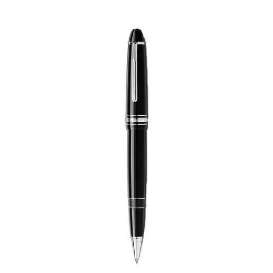 A Montblanc Meisterstuck Platinum Coated Legrand Rollerball Pen by Montblanc features a glossy black resin body and platinum-coated clip, shown standing vertically on a plain white background.