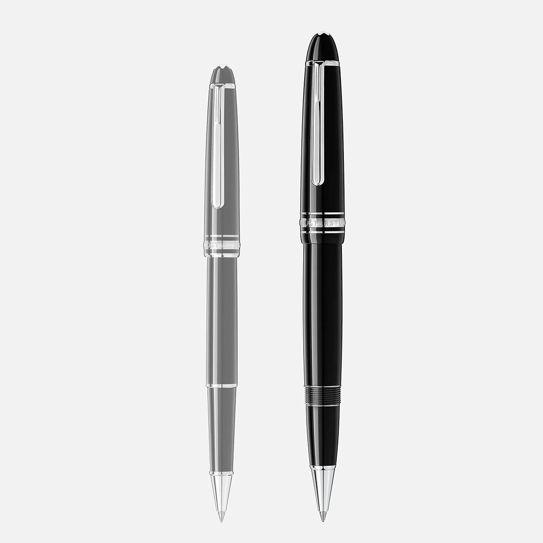 Two black Montblanc pens with platinum accents stand upright; the Montblanc Meisterstuck Platinum Coated Legrand Rollerball Pen on the right is thicker and slightly shorter than the pen on the left.
