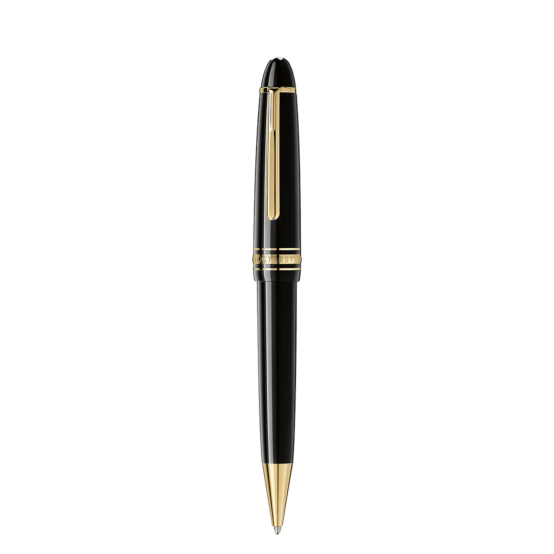 A Montblanc Meisterstuck Yellow Gold Coated Le Grand Ballpoint Pen, featuring black resin and gold accents, is positioned vertically on a white background.
