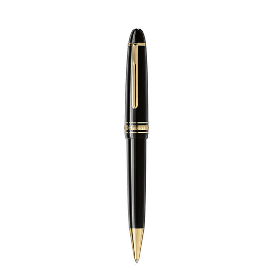 A Montblanc Meisterstuck Yellow Gold Coated Le Grand Ballpoint Pen, featuring black resin and gold accents, is positioned vertically on a white background.