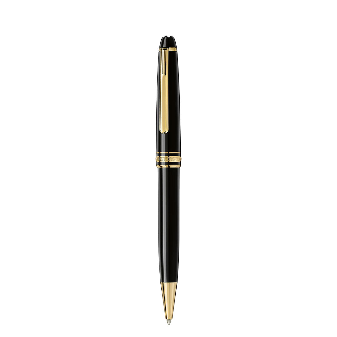 The Montblanc Meisterstück Yellow Gold Coated Ballpoint Pen features a black precious resin barrel with gold-coated clip and bands, shown against a white background.