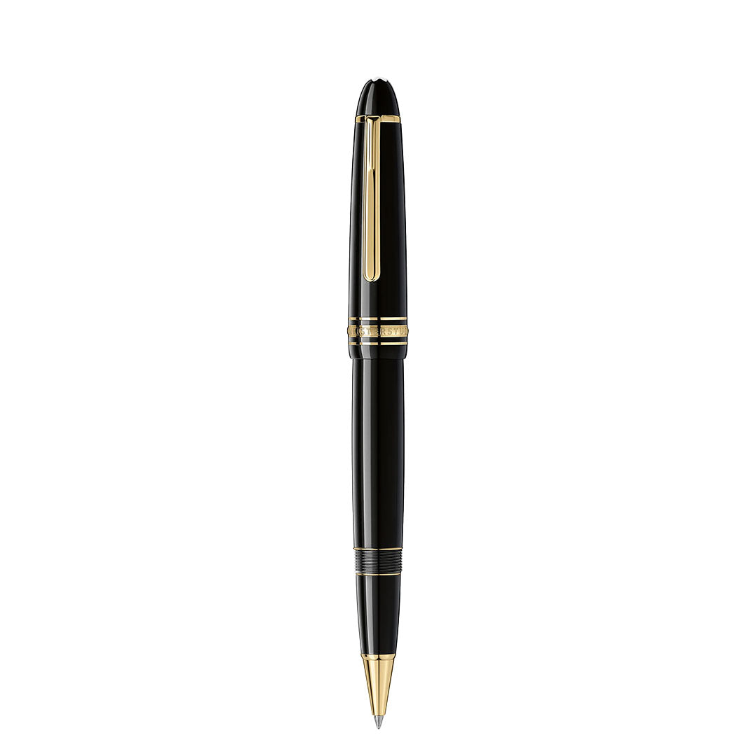 The Montblanc Meisterstuck Yellow Gold Coated Legrand Rollerball Pen is displayed vertically, showcasing its elegant black finish and gold accents, on a white background.