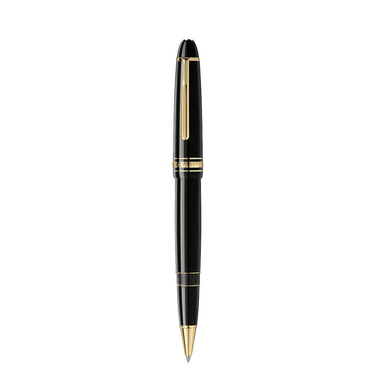 The Montblanc Meisterstuck Yellow Gold Coated Legrand Rollerball Pen is displayed vertically, showcasing its elegant black finish and gold accents, on a white background.