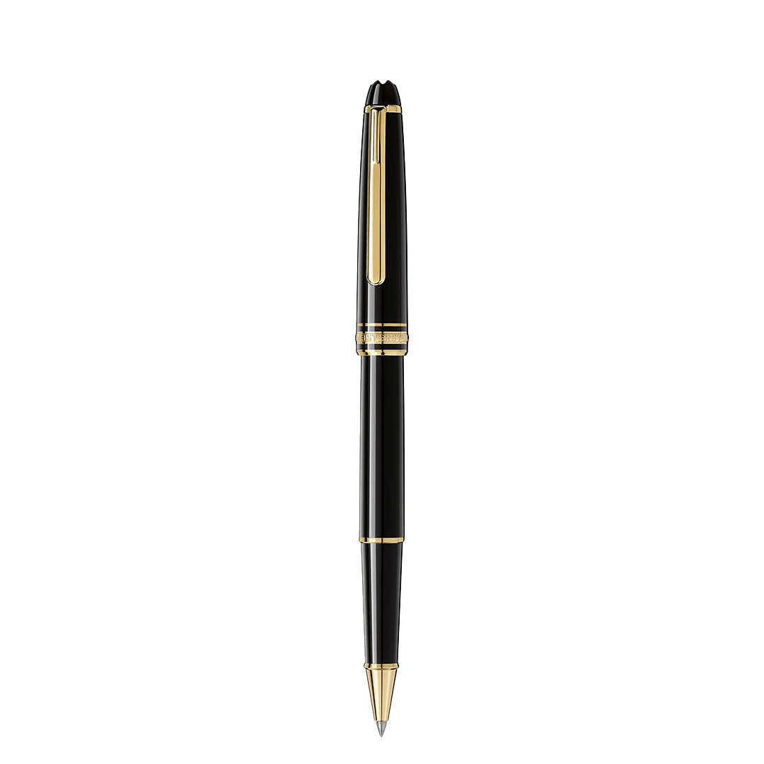 The Montblanc Meisterstück Yellow Gold Coated Rollerball Pen, crafted in black precious resin with gold accents, stands vertically on a plain white background.
